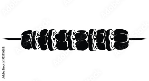 A black and white illustration depicts a skewer with numerous pieces of sliced arranged food