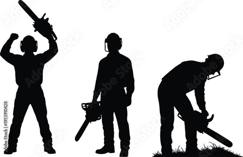 Black silhouette collection of lumberjack and arborist workers using a chainsaw for wood cutting, forestry, timber industry, and tree maintenance