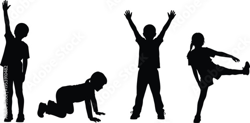Silhouettes of active children playing, crawling, reaching up, and exercising to represent childhood development, physical fitness,