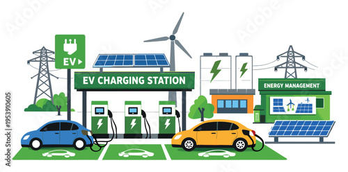 Electric vehicles charging at a station powered by interconnected solar panels, wind turbine, and energy management system