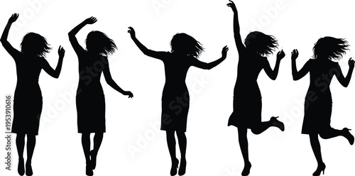 Set, of, black, silhouettes, featuring, happy, women, dancing, jumping, and, celebrating, for, party, success, freedom, event, music,
