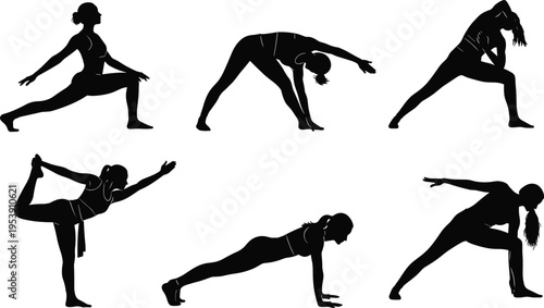 Set of black yoga silhouettes featuring women practicing various fitness poses, stretching, and gymnastic exercises for wellness,