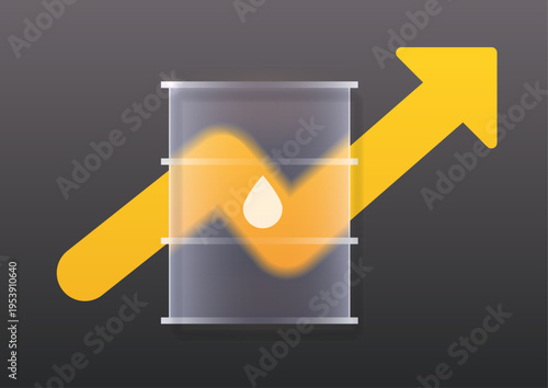 Oil Prices Rising Concept on Dark Background. Glassmorphism Oil Barrel with Upward Arrow