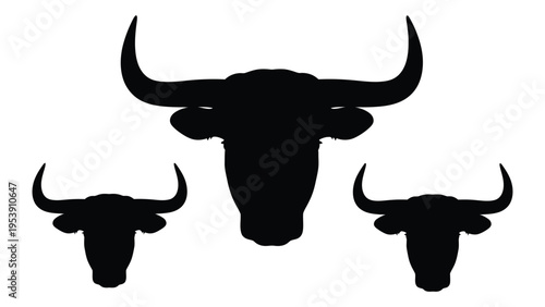 Silhouettes of three bulls with prominent horns against a white background