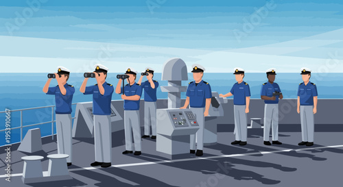 Sailors on Naval Ship Deck Standing.