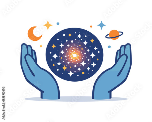 Abstract cosmic connection theme illustrating a mystical relationship between human awareness and the infinite universe, two symmetrical hands framing a glowing circular star