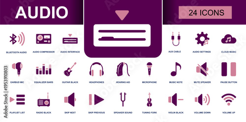 Audio icon set. Containing bluetooth audio, aux cable, headphones, microphone, equalizer bars, radio, volume controls, cloud music and more. Clean solid fill vector icons collection.