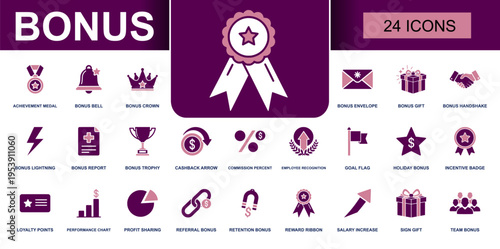 Bonus icon set. Containing achievement medal, bonus bell, cashback, commission, incentive badge, reward ribbon, salary increase, team bonus and more. Solid fill vector icons collection.