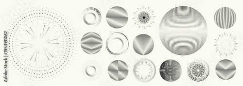 Abstract circular halftones element set, geometric dotted ring and spiral circle shapes for modern design, technology, or motion graphic backgrounds. Dotted round elements, radial spirals, and vortex.