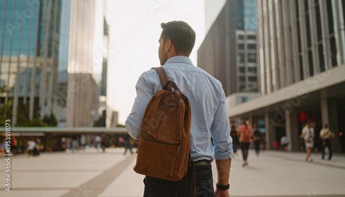 Determined businessman carrying a backpack walking through a bright urban plaza towards modern office buildings under clear skies