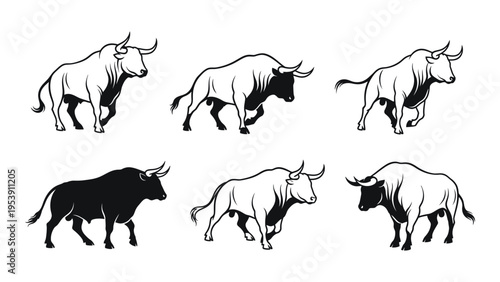 Illustrative collection of bulls in various poses presented in a black and white style