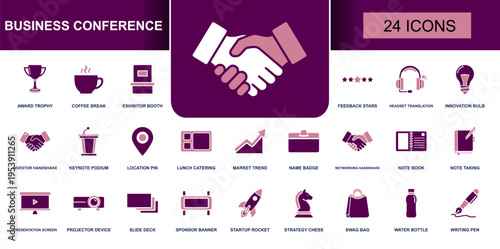 Business conference icon set. Containing award trophy, coffee break, exhibitor booth, keynote podium, market trend, handshake, slide deck and more. Solid fill vector icons collection.
