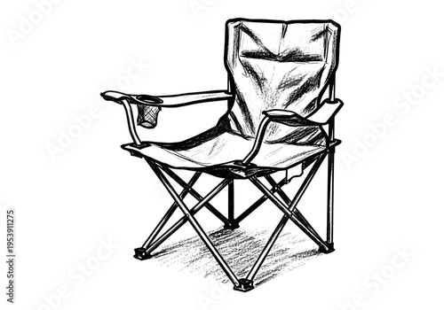 Hand-drawn sketch of a portable folding camping chair with a cup holder
