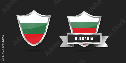 Premium glossy silver shield emblems featuring the tricolor flag of Bulgaria. Includes badge with ribbon banner and country name. Ideal for European sports, security, and patriotic designs.