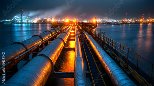 LNG terminal pipeline at night with illuminated metal pipes leading over water to industrial plant, moody lighting and reflections