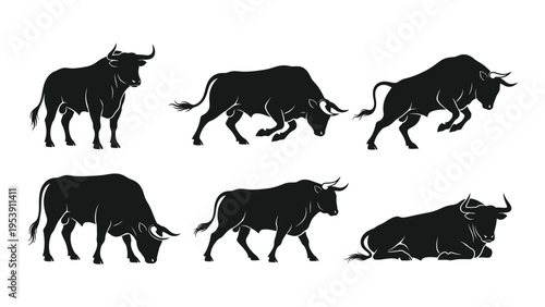 Black silhouettes of various bulls in different poses against a white background