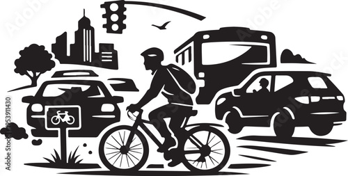 Bicycle commuter silhouette in city traffic, green transport.