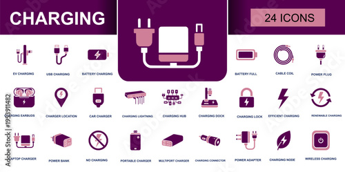 Charging icon set. Containing EV charging, USB charging, battery full, power plug, power bank, wireless charging, adapter, charger dock and more. Solid fill vector icons collection.