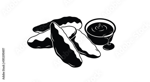 A black and white illustration depicts fried chicken tenders with a small bowl of dipping sauce