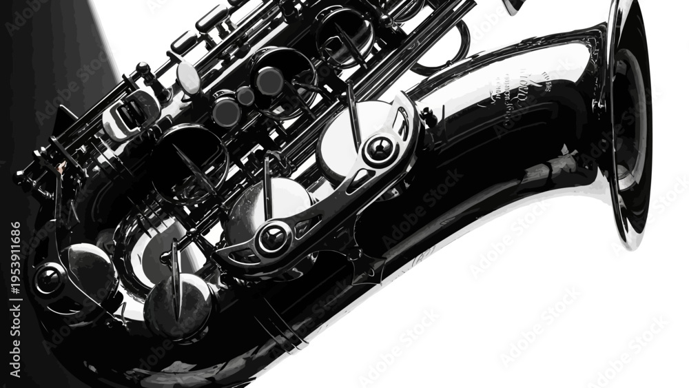 Obraz premium Close-up of a gleaming chrome saxophone, a classic musical instrument, in dramatic black and white.