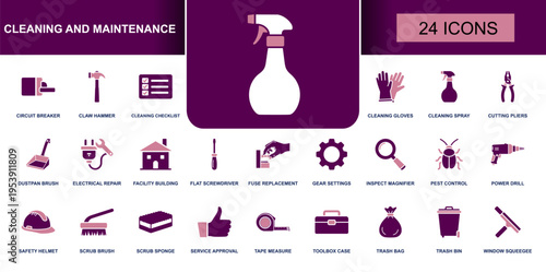 Cleaning and maintenance icon set. Containing spray, gloves, drill, scrub brush, toolbox, inspection, repair, service, trash bin, pest control and more. Solid fill vector icons collection.