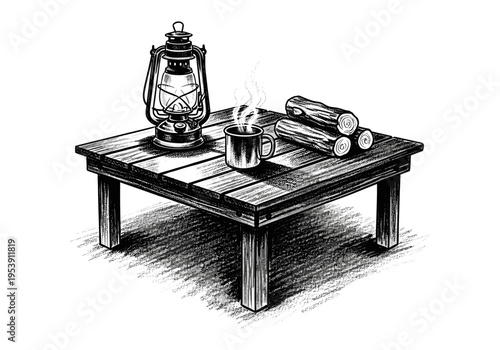Vintage camping scene with lantern, steaming mug, and firewood on a rustic wooden table