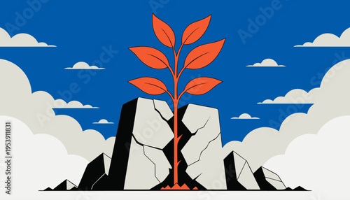 Resilience Concept of a Green Small Plant Sprouting Through a Crack in a Gray Concrete Block for Strength Growth and Overcoming Adversity in Harsh Environment