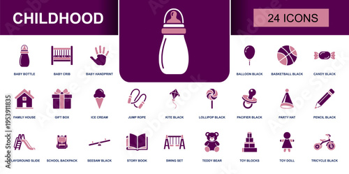 Childhood icon set. Containing baby bottle, crib, teddy bear, story book, swing set, toy blocks, jump rope, gift box, school backpack and more. Solid fill vector icons collection for kids.
