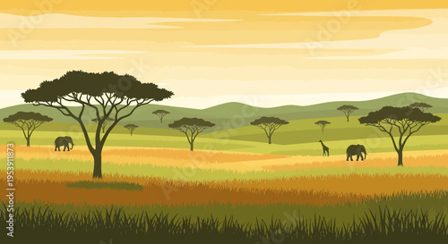 Elephants in Savanna Landscape with Trees.