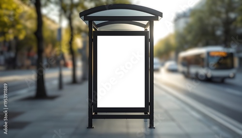 Empty vertical billboard mockup at a city bus stop, blurred street background, photorealistic 3D render