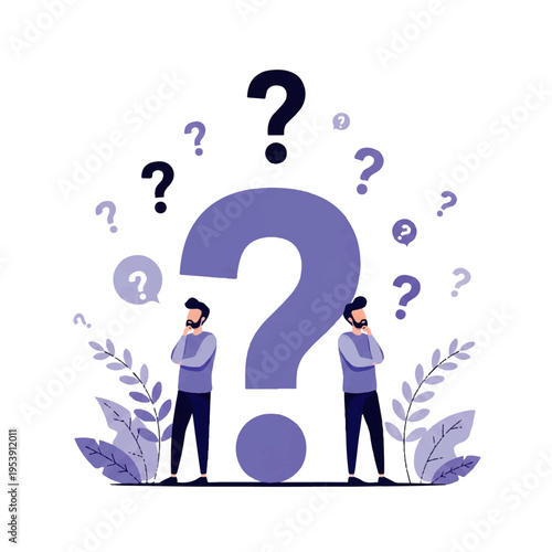 Flat design illustration of two men standing thoughtfully amidst large and small question marks in purple hues, Vector graphic with a clean white background.