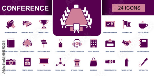 Conference icon set. Containing audience seats, speaker podium, event badge, networking, presentation screen, projector, coffee break, swag bag and more. Solid fill vector icons collection.