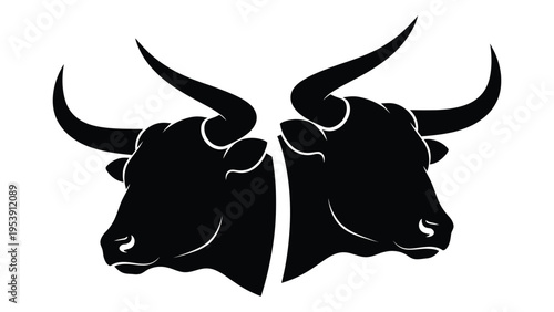 Two black silhouettes of bull heads facing away from each other