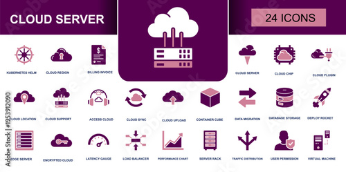 Cloud server icon set. Containing cloud sync, edge server, server rack, database storage, virtual machine, encrypted cloud, data migration and more. Solid fill vector icons collection.