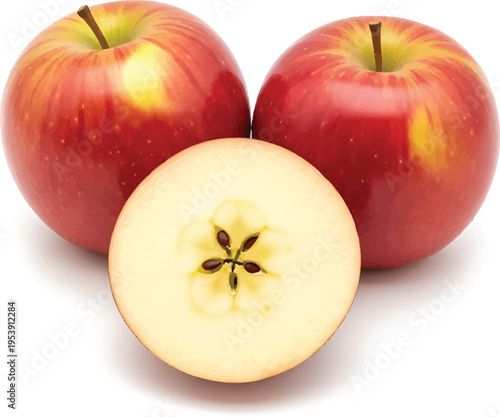 Fresh red apples with one sliced, isolated on white background