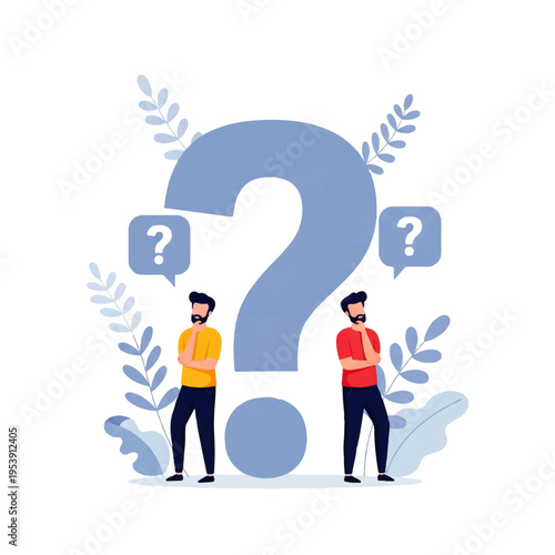 Flat design illustration vector of two men standing thoughtfully beside a large question mark with speech bubbles and decorative leaves on a white background.