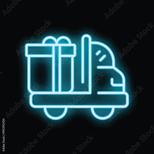 Glowing blue neon icon of a delivery truck carrying wrapped gift boxes