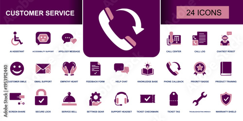 Customer service icon set. Containing support headset, call center, help chat, ticket, feedback, callback, empathy, chatbot, care, warranty and more. Solid fill vector icons collection.