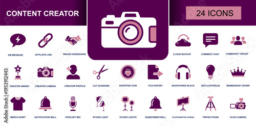 Content creator icon set. Containing camera, vlog, podcast mic, studio lights, tripod, teleprompter, affiliate link, donation, comments and more. Solid fill vector icons collection.