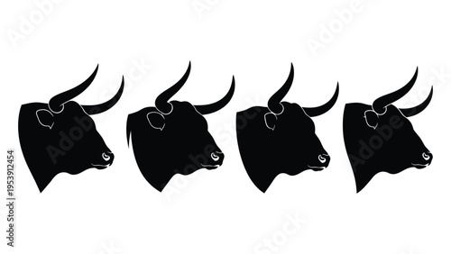 Four black silhouettes of bull heads in a row facing left