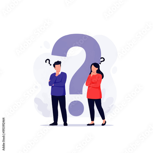 Flat design illustration vector of a puzzled man and woman standing beside a large question mark in a thoughtful pose against a clean white background with a minimalist style.