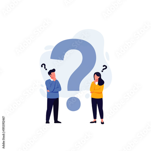 Flat design illustration of a man and woman standing thoughtfully with question marks in a vector style against a clean white background.