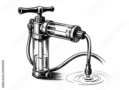 Vintage water filter pump with clear cylinder and hose drawing