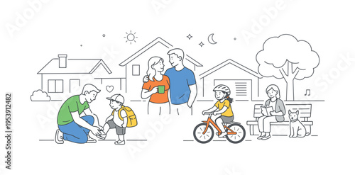 A modern suburban lifestyle scene showing families living in a calm residential neighborhood with a focus on comfort and everyday routines, using a row of simple house silhouettes