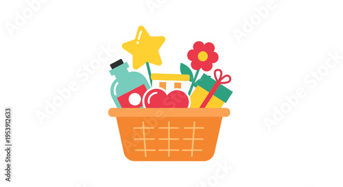 Gift Basket Vector Illustration, Flat Design for Celebration, Holiday, and Giving
