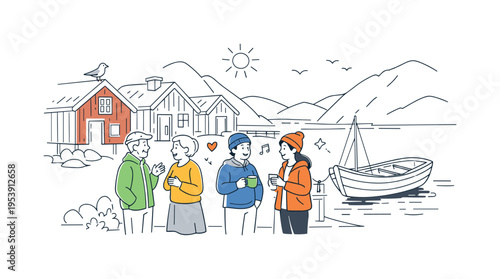 Peaceful fjord village community scene where a small group gathers near a row of classic red wooden Norway houses beside calm water and a single small boat, using the houses and