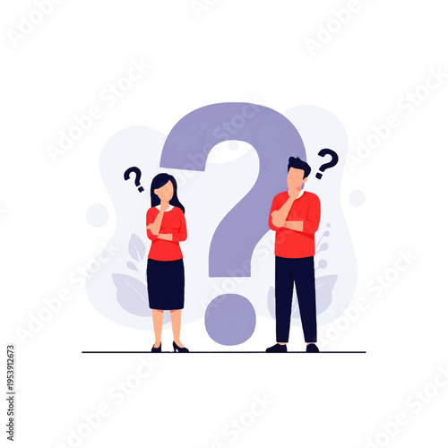 Flat design illustration vector of a puzzled man and woman standing with question marks, conveying confusion in a minimalist style.