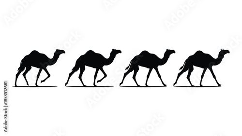 A sequence of four black silhouettes depicting a camel walking forward