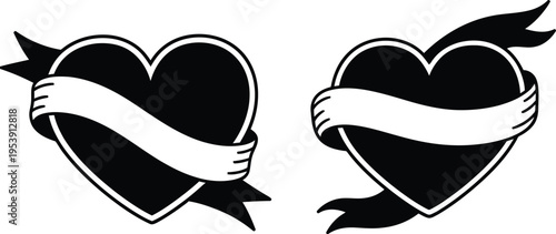 Two black hearts with white bandages and flames on a white background