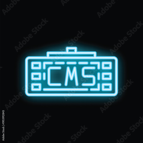 Blue neon icon of a cms system glowing on a dark background
